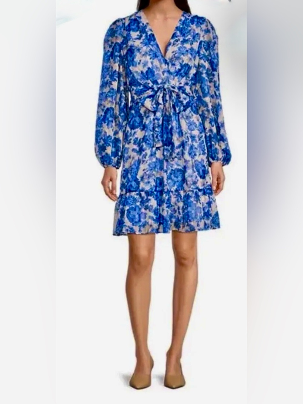 Alex Marie Blue Floral V-Neck Tie-Waist Long Sleeve Dress